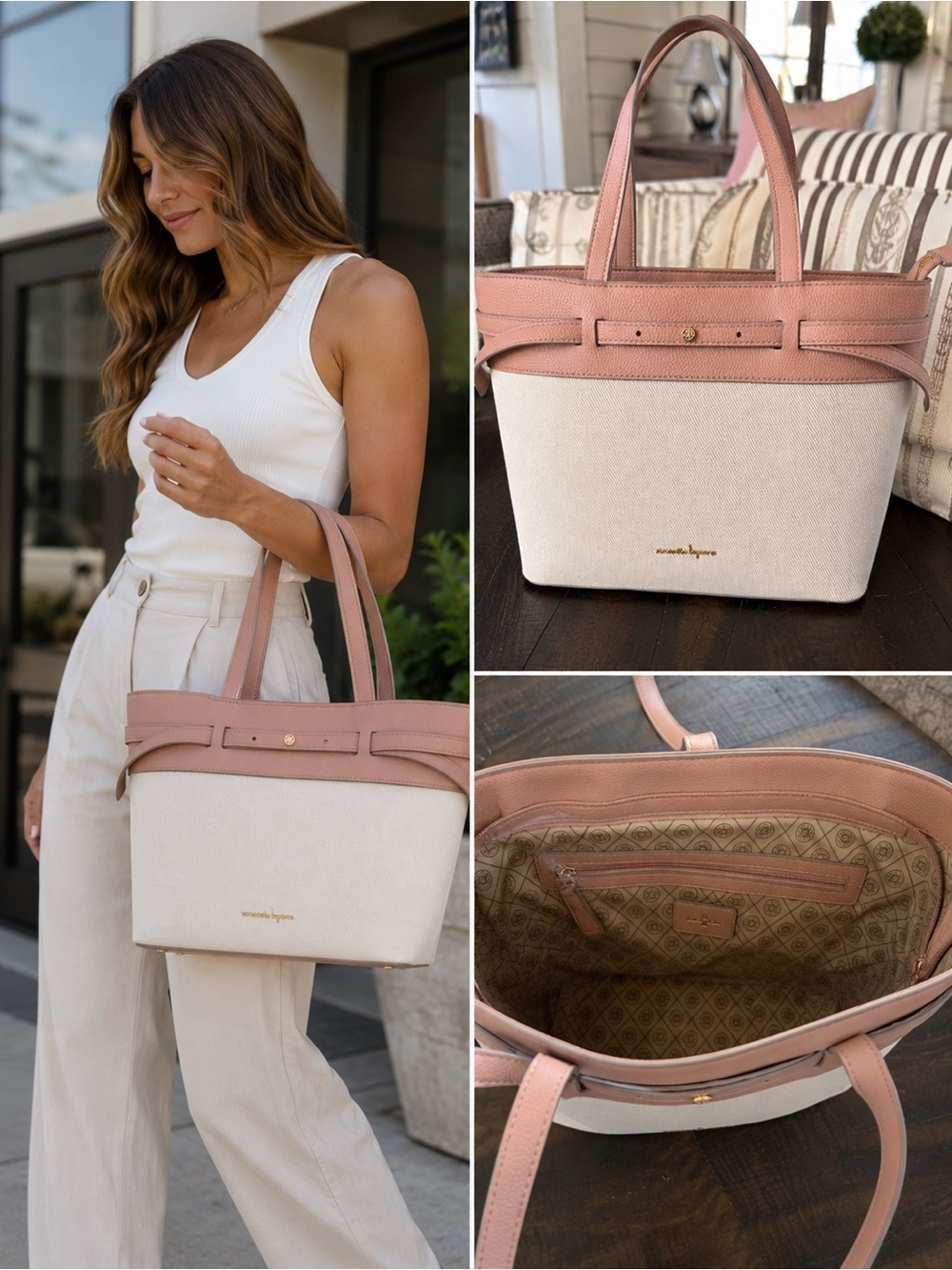 Neutral Canvas & Blush Pink Tote Bag | New Without Tags | Everyday Chic